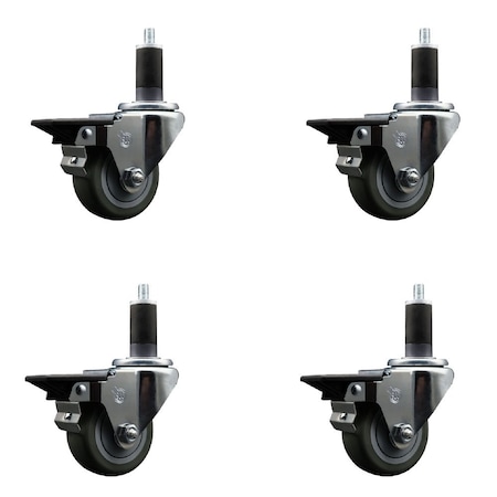 Service Caster 3'' Gray Poly Swivel 1-1/4'' Expanding Stem Caster Set with Brake, 4PK SCC-EX20S314-PPUB-PLB-114-4